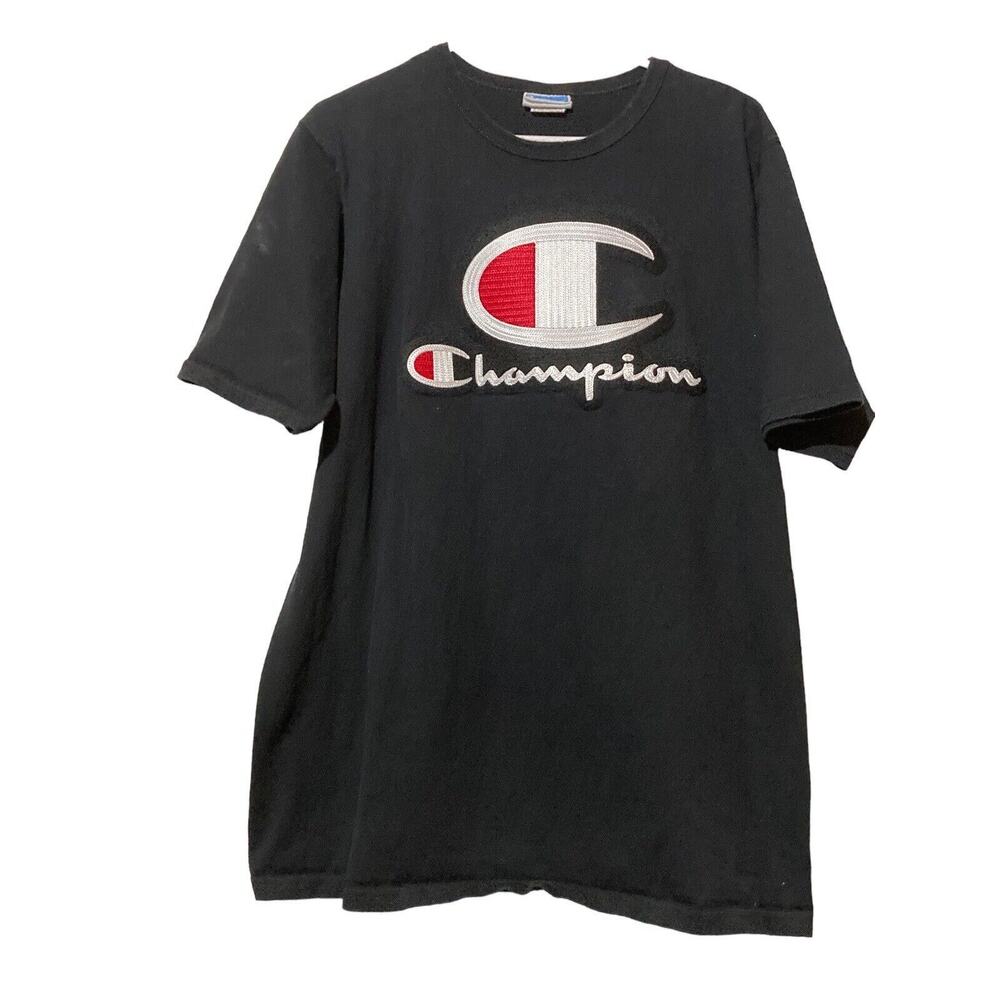 Vintage Champion T Shirt Spell Out Script XL‎ Black Short Sleeve